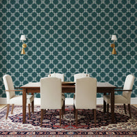 Dining room styled with teal lattice wallpaper and soft ivory floral pattern detail, GD8236