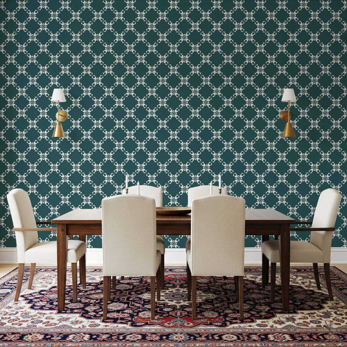Dining room styled with teal lattice wallpaper and soft ivory floral pattern detail, GD8236