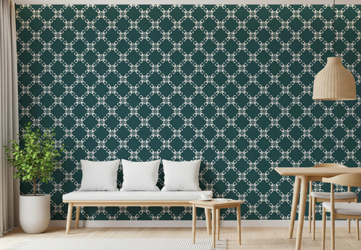 Cozy sitting room styled with repeating floral lattice wallpaper in deep tones, GD8236