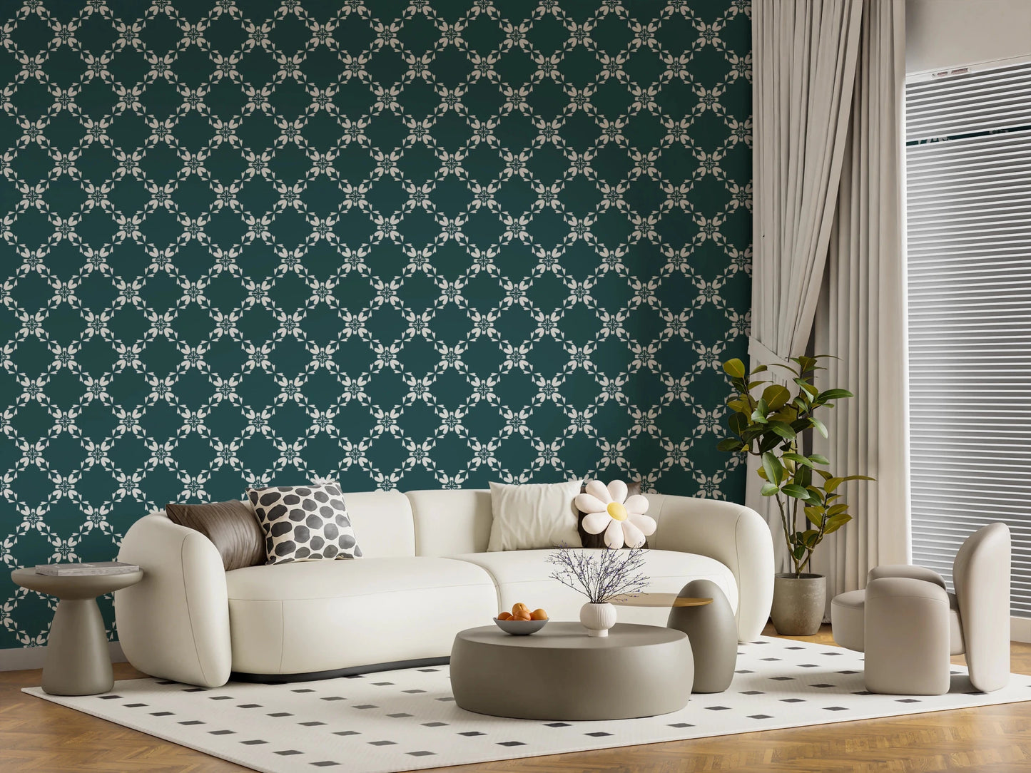 Bright modern room styled with floral lattice wallpaper and balanced decor tones, GD8236