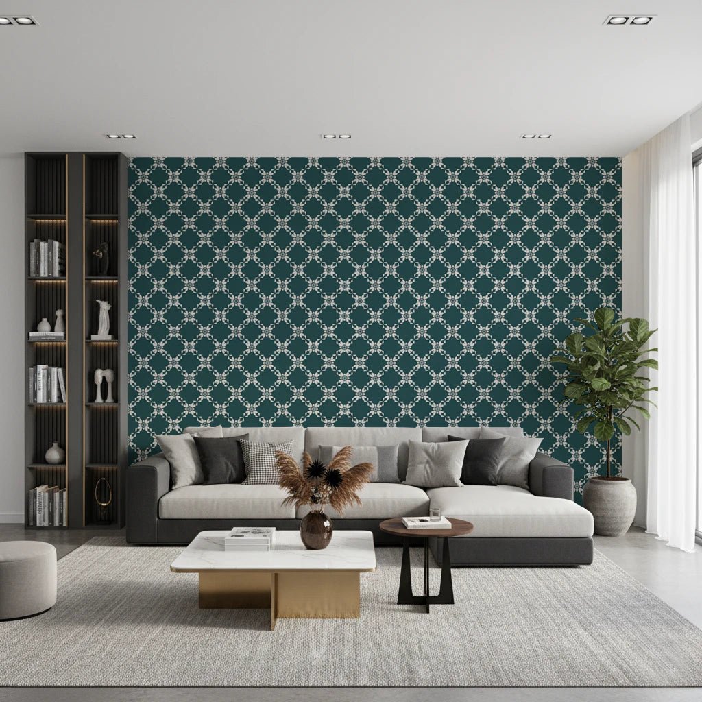 Clean interior setup paired with teal patterned wallpaper and ivory motif lines, GD8236