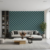 Clean interior setup paired with teal patterned wallpaper and ivory motif lines, GD8236
