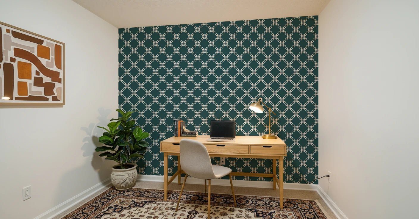 Modern home corner uplifted by floral lattice wallpaper with repeating symmetry, GD8236