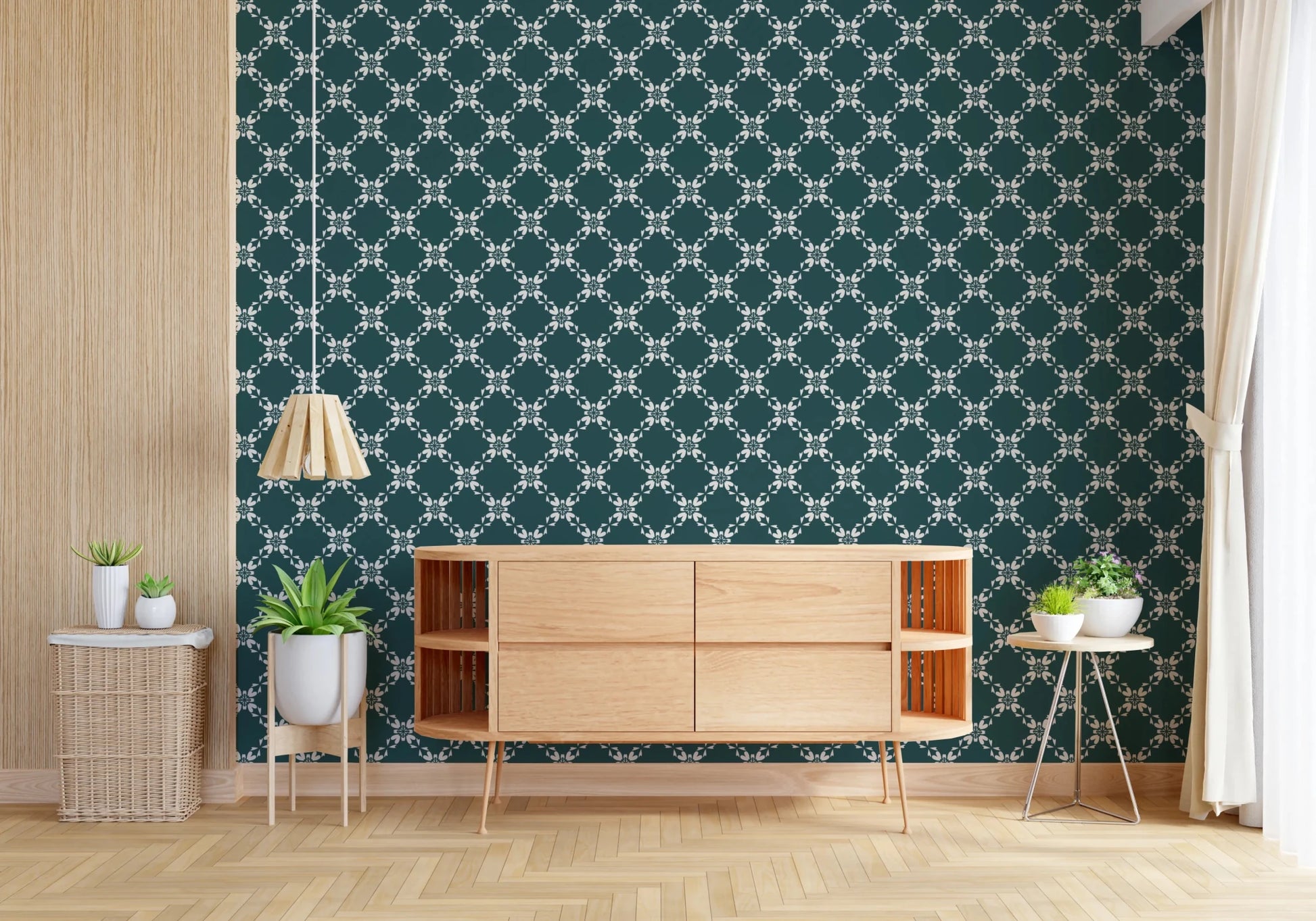 Minimal living space enhanced by repeating petal lattice pattern in rich teal shade, GD8236