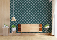 Minimal living space enhanced by repeating petal lattice pattern in rich teal shade, GD8236