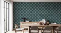 Warm dining setup paired with geometric floral wallpaper in deep green tones, GD8236