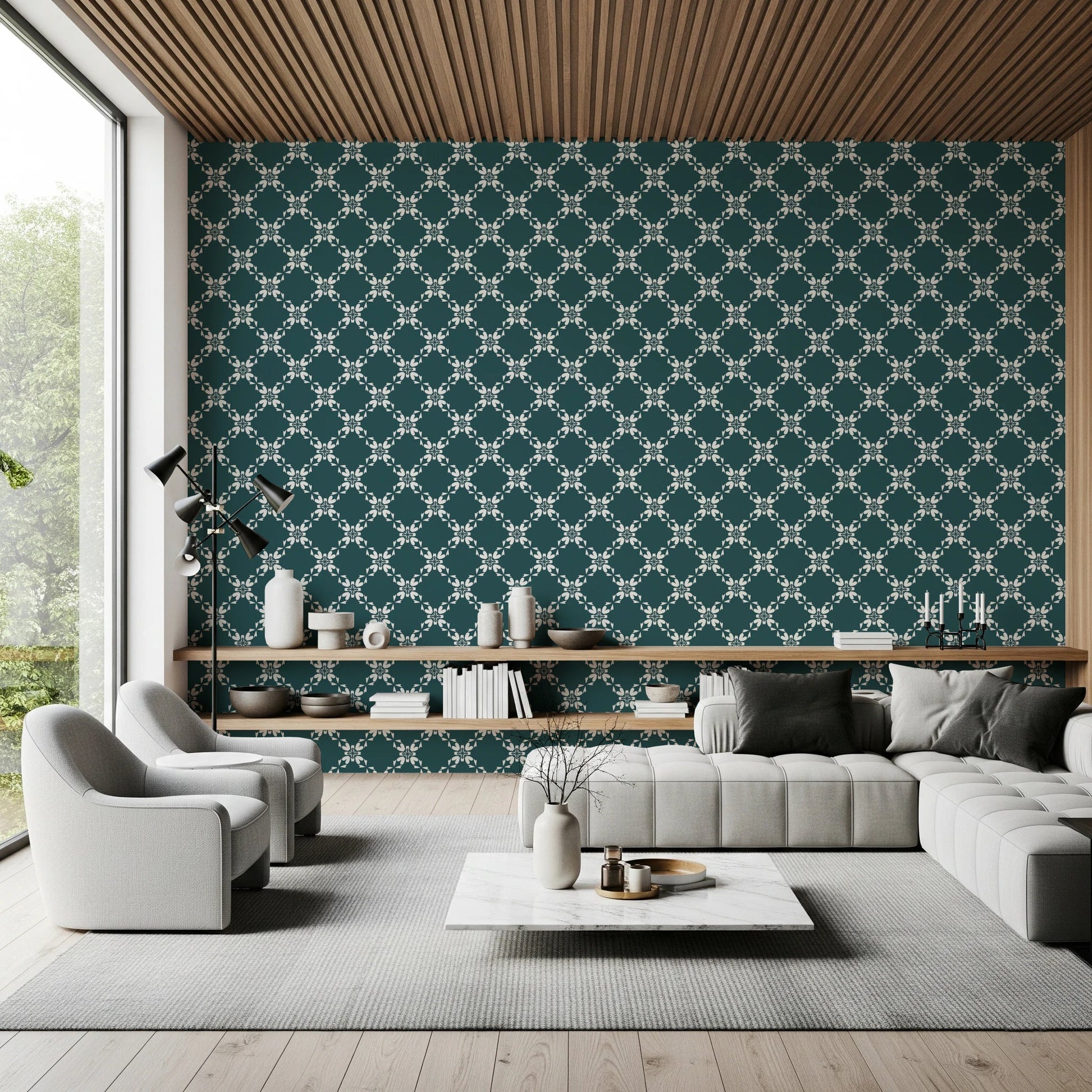Contemporary lounge with teal geometric floral wallpaper and soft neutral seating, GD8236