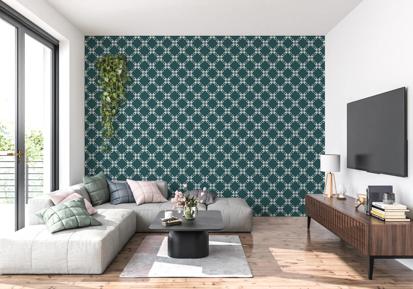 Compact workspace features patterned wallpaper with connected floral motif design, GD8236