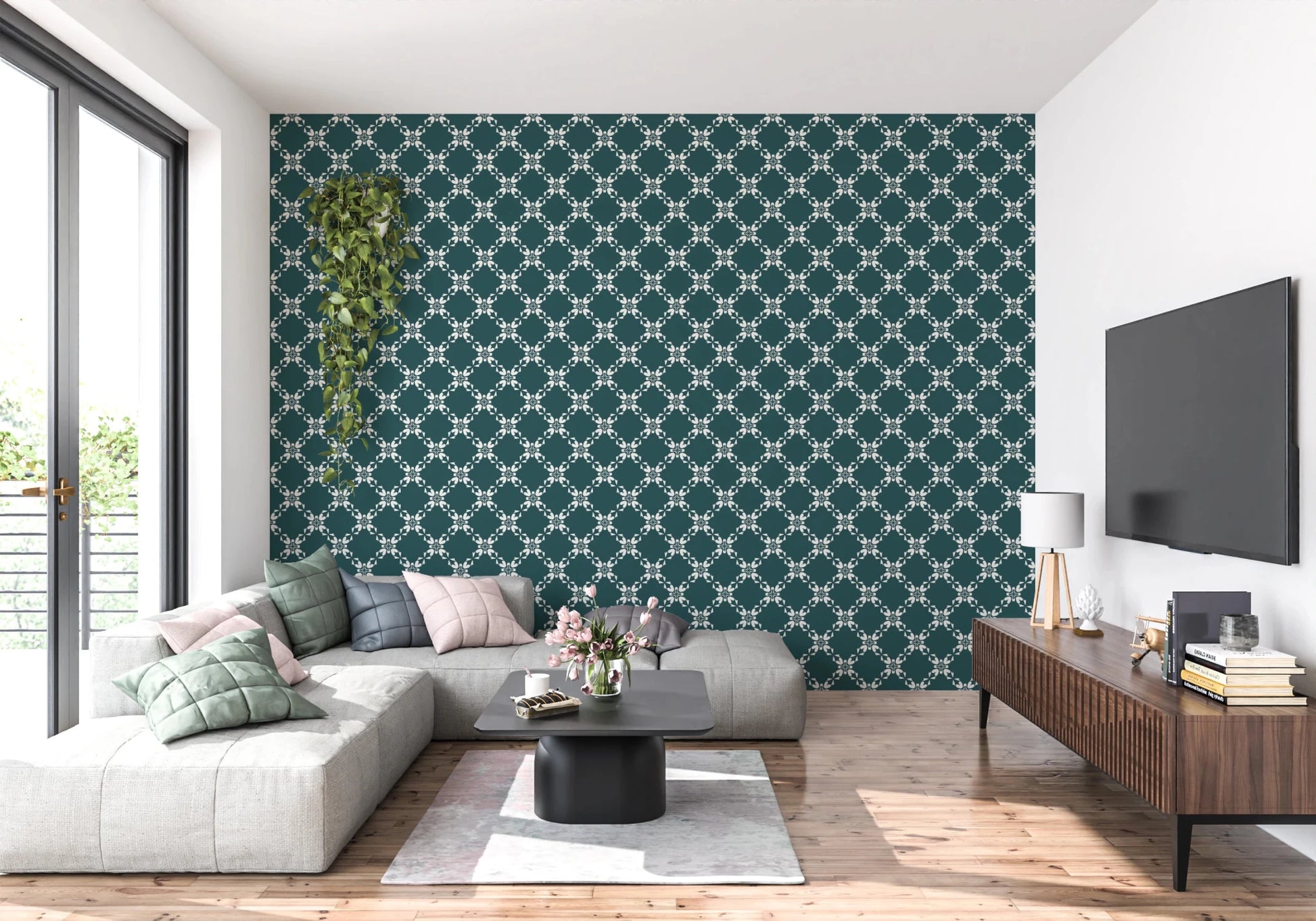 Compact workspace features patterned wallpaper with connected floral motif design, GD8236