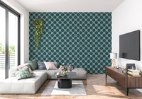 Compact workspace features patterned wallpaper with connected floral motif design, GD8236