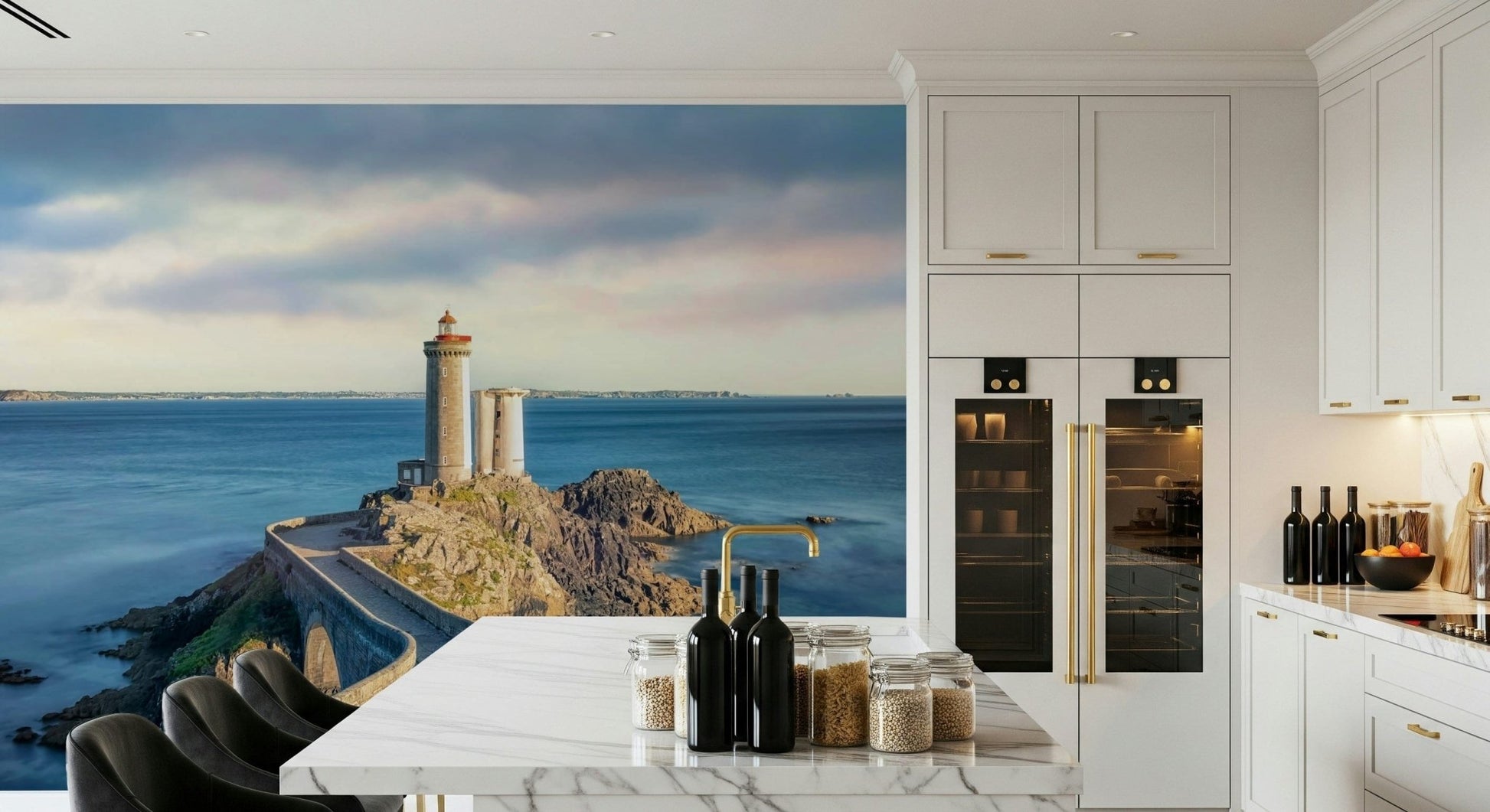 In this kitchen, Petit Minou Lighthouse Wall Mural adds rocky shoreline depth and sea light