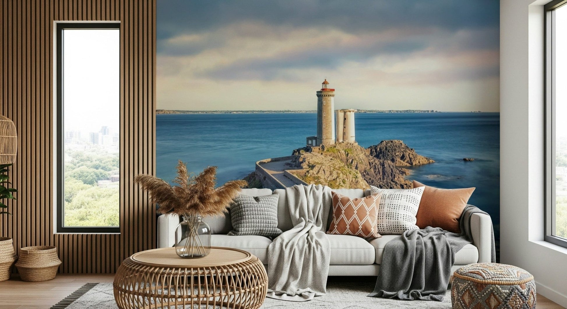 A clean sitting area paired with Petit Minou Lighthouse Wall Mural and rugged shore detail