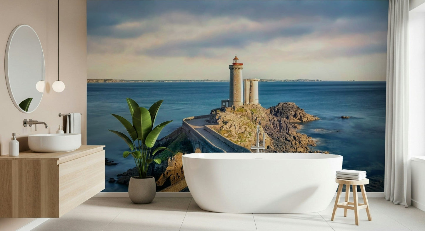 Petit Minou Lighthouse Wall Mural brings a peaceful lighthouse view into this airy bathroom