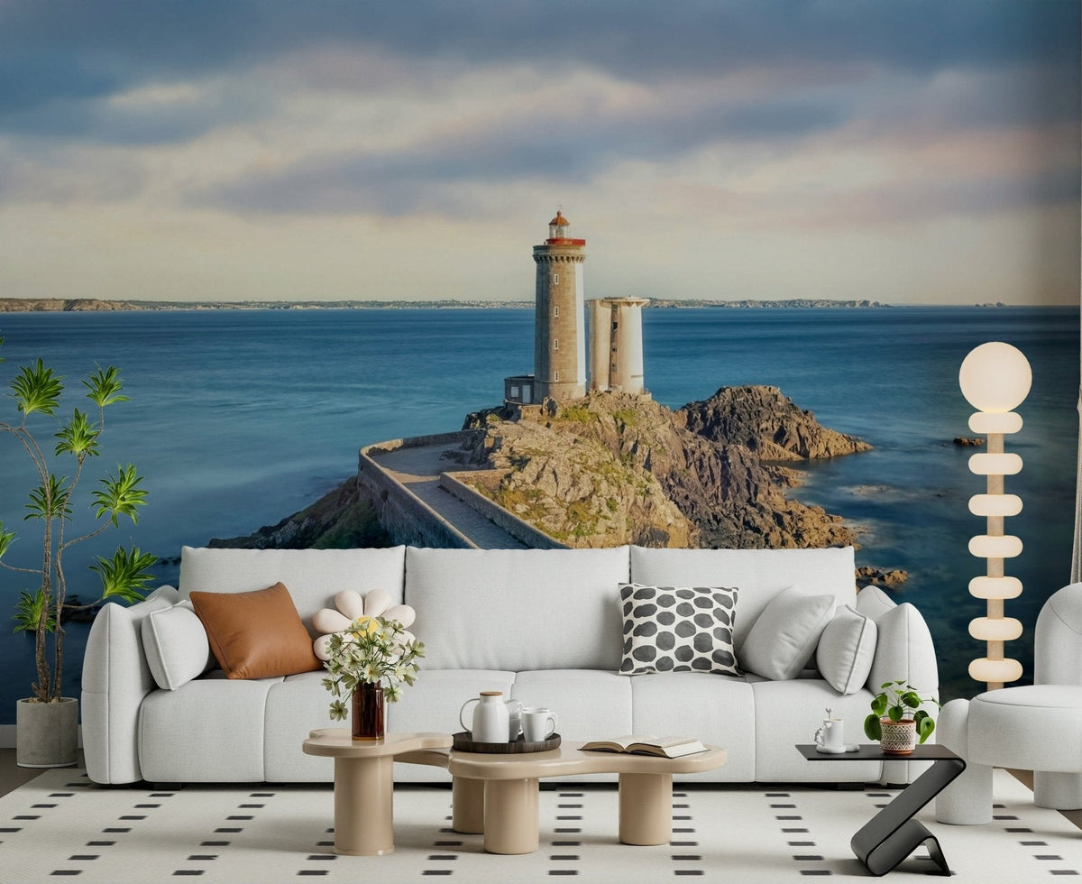 A modern sitting room softened by Petit Minou Lighthouse Wall Mural and open blue water, GD7954