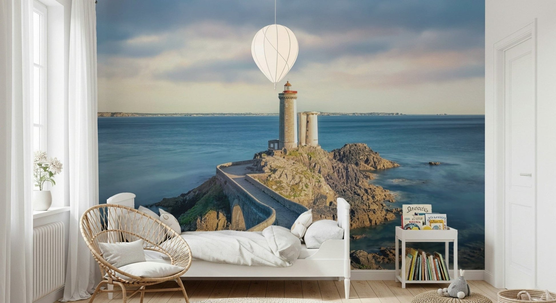 Petit Minou Lighthouse Wall Mural adds ocean calm and lighthouse focus to this cozy room