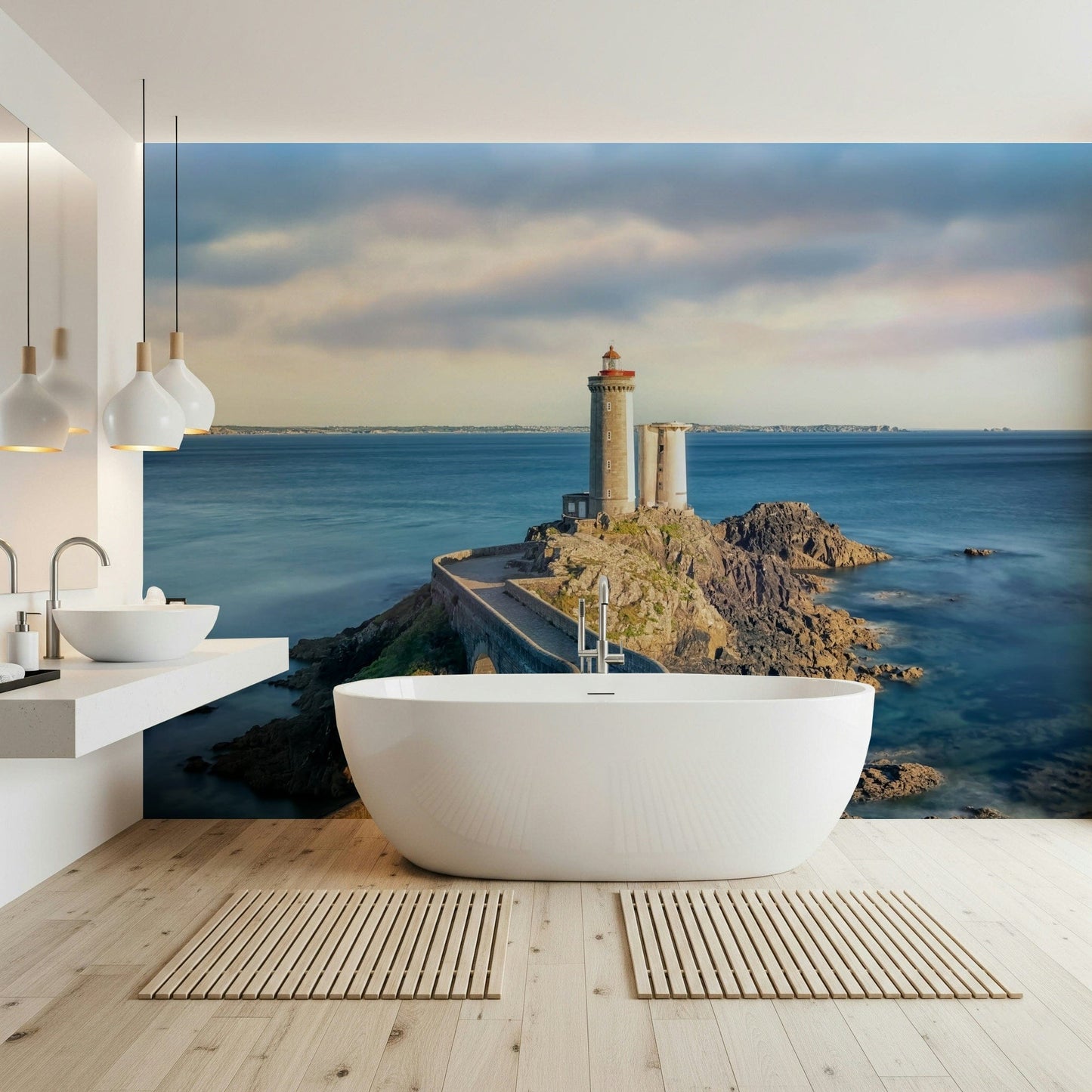 Petit Minou Lighthouse Wall Mural with a winding stone path above calm coastal water