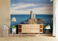 Petit Minou Lighthouse Wall Mural gives this console corner a calm oceanfront backdrop