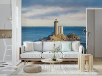 Petit Minou Lighthouse Wall Mural creates a serene seaside setting for this bright living room