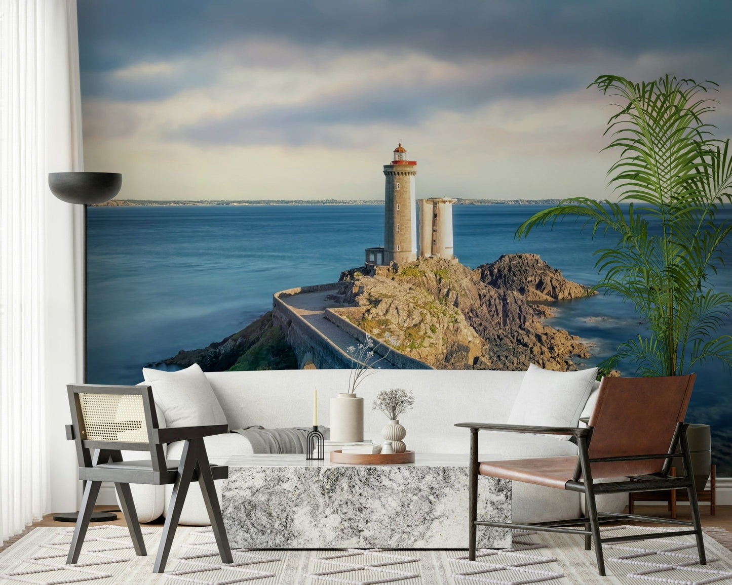 This lounge corner feels fresher with Petit Minou Lighthouse Wall Mural and coastal calm