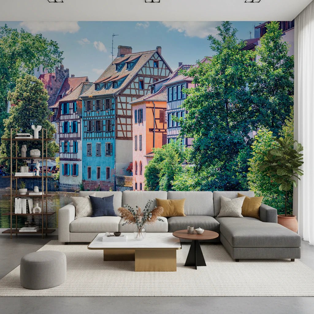 Living room with Petite France Charm wall mural and pastel riverside houses, GD8268
