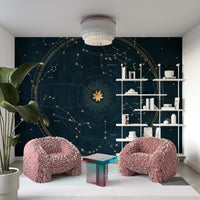Navy blue and gold cosmic wheel wall mural design

