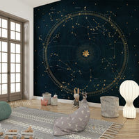 Petrol Astro Wheel wall mural with gold star accents


