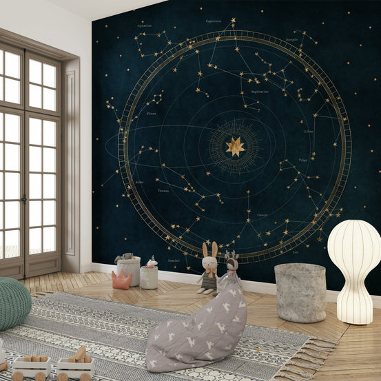 Petrol Astro Wheel wall mural with gold star accents, GD1498