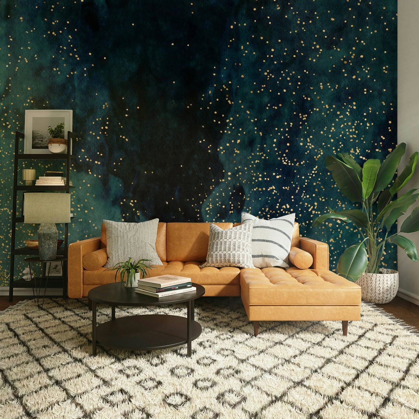 Modern petrol galaxy mural with vibrant cosmic colors

