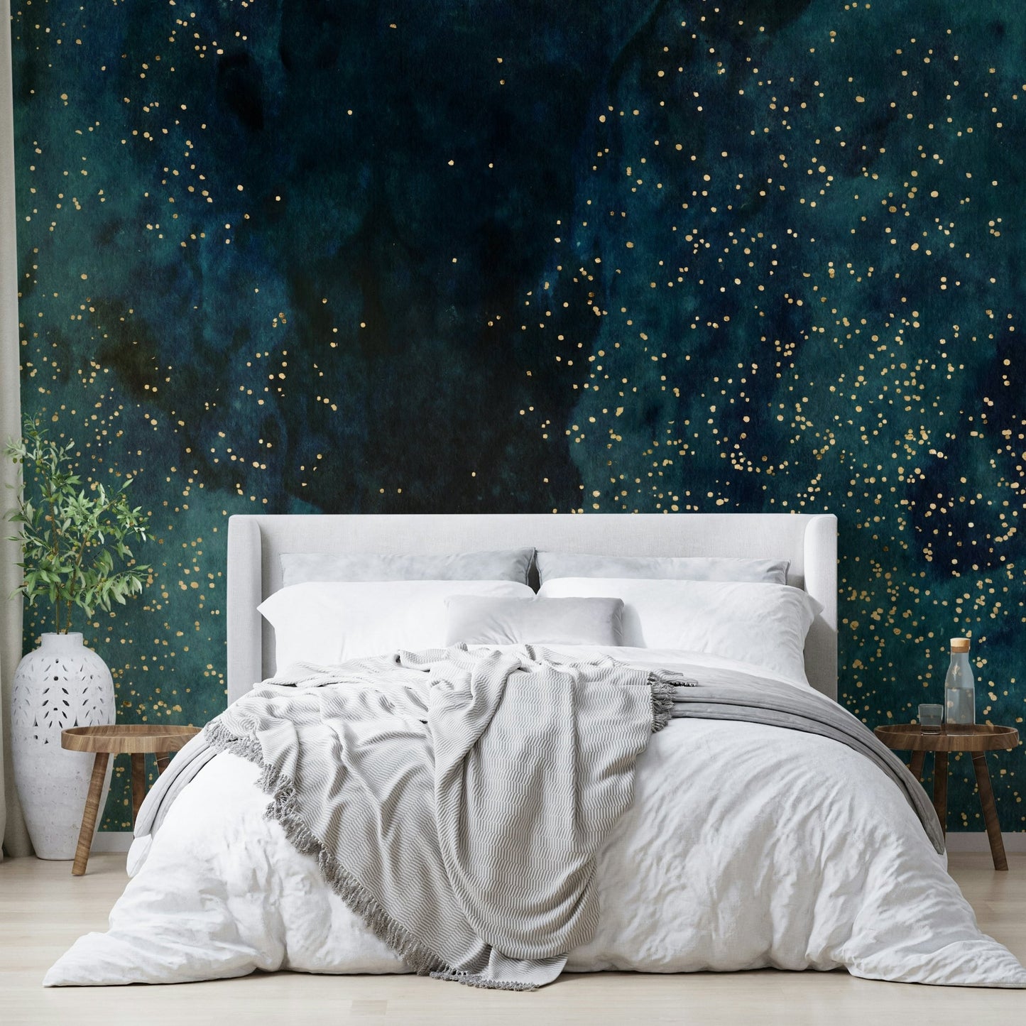 Deep blue and green petrol galaxy wall mural design

