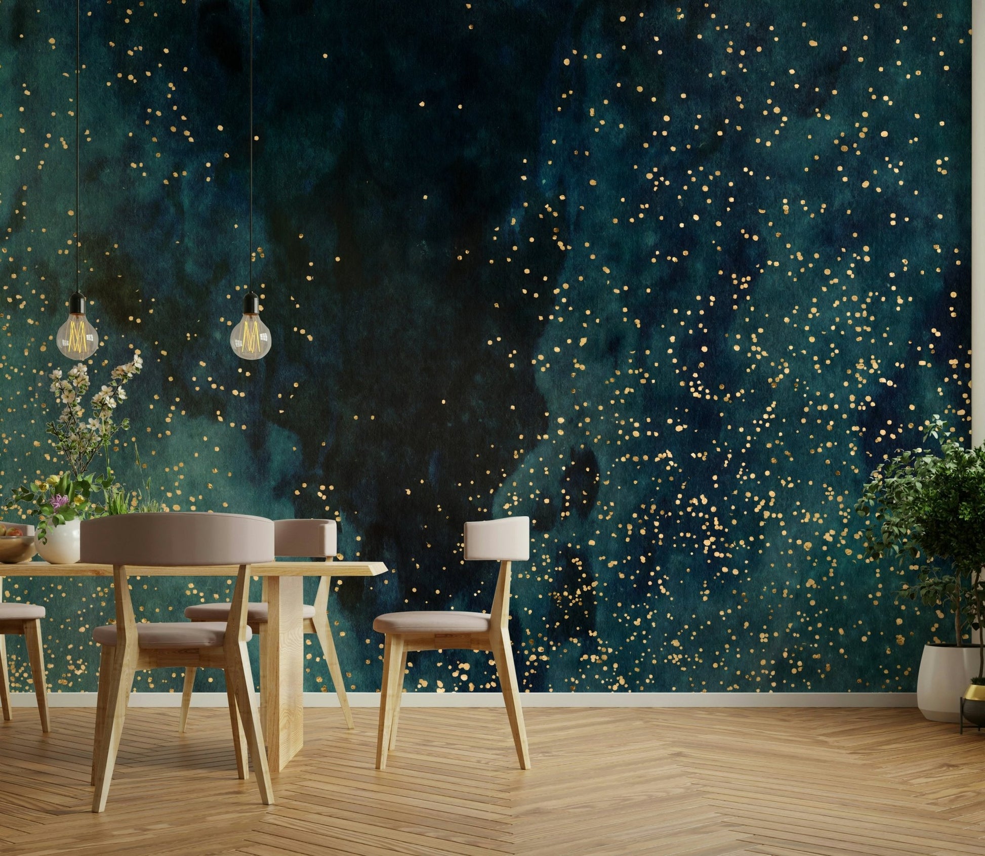Abstract petrol galaxy mural with cosmic textures

