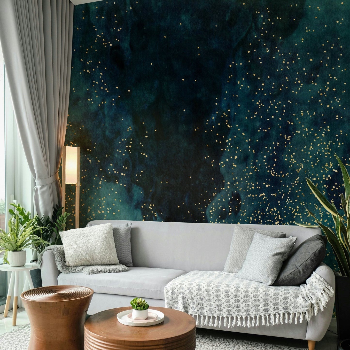 Petrol-colored galaxy mural for home or office space

