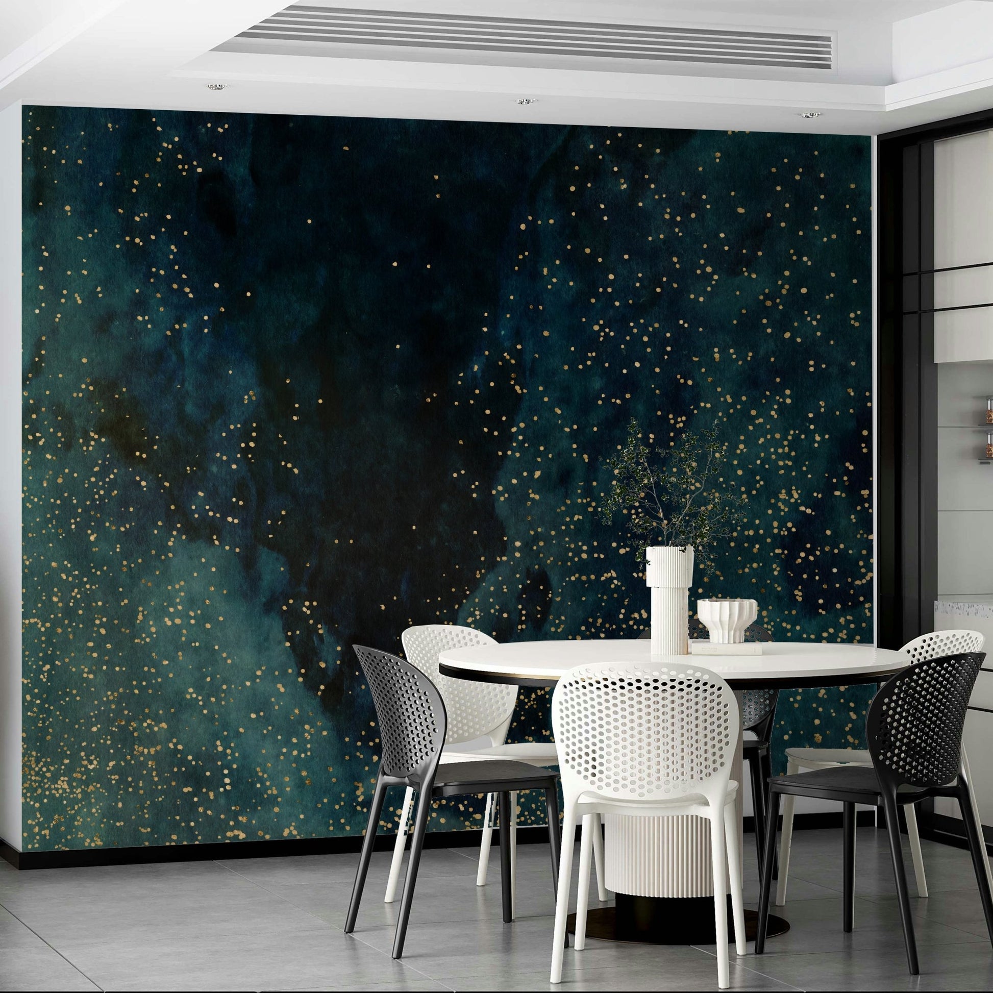 Petrol galaxy-themed wall mural with starry details

