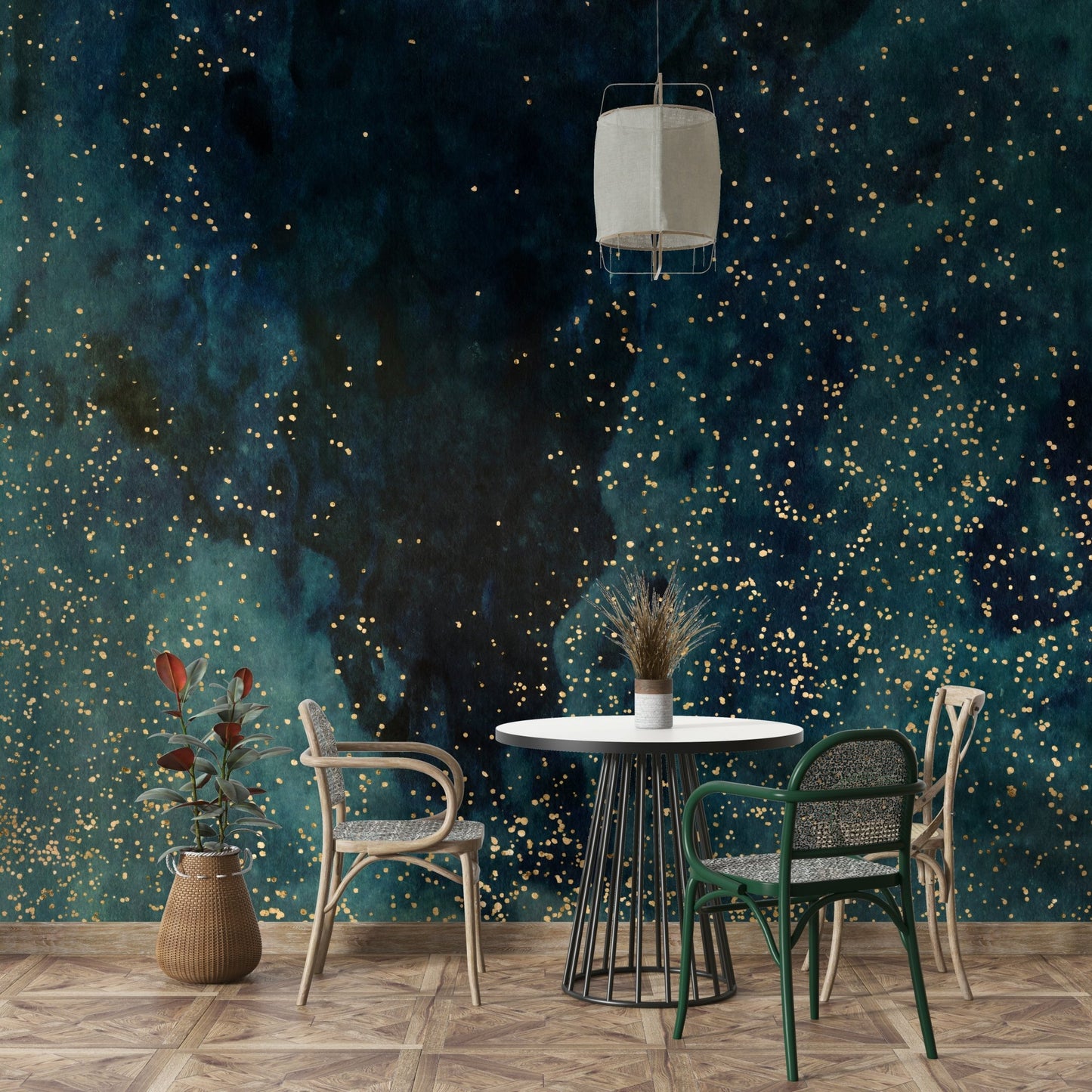 Starry night petrol galaxy wall mural for bold decor

