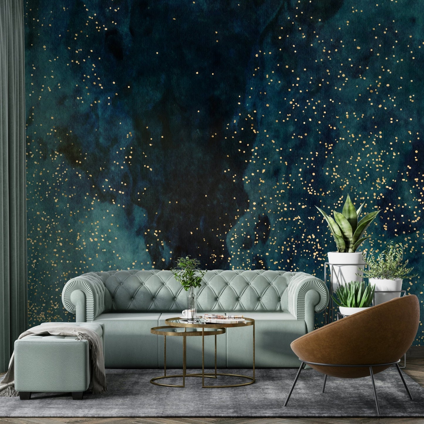 Deep space petrol galaxy mural with swirling hues

