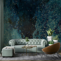 Deep space petrol galaxy mural with swirling hues

