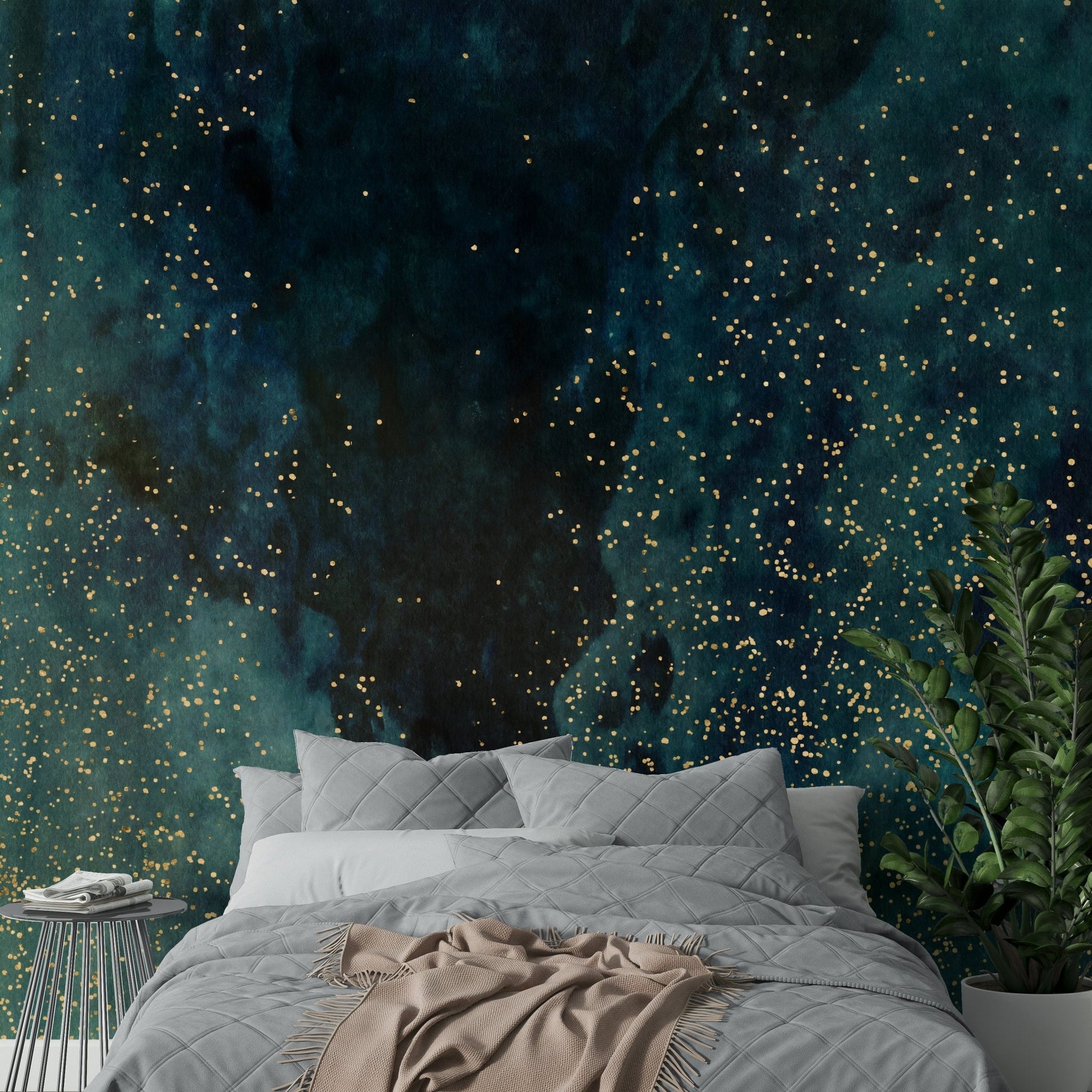 Dark petrol galaxy wall mural for modern interiors

