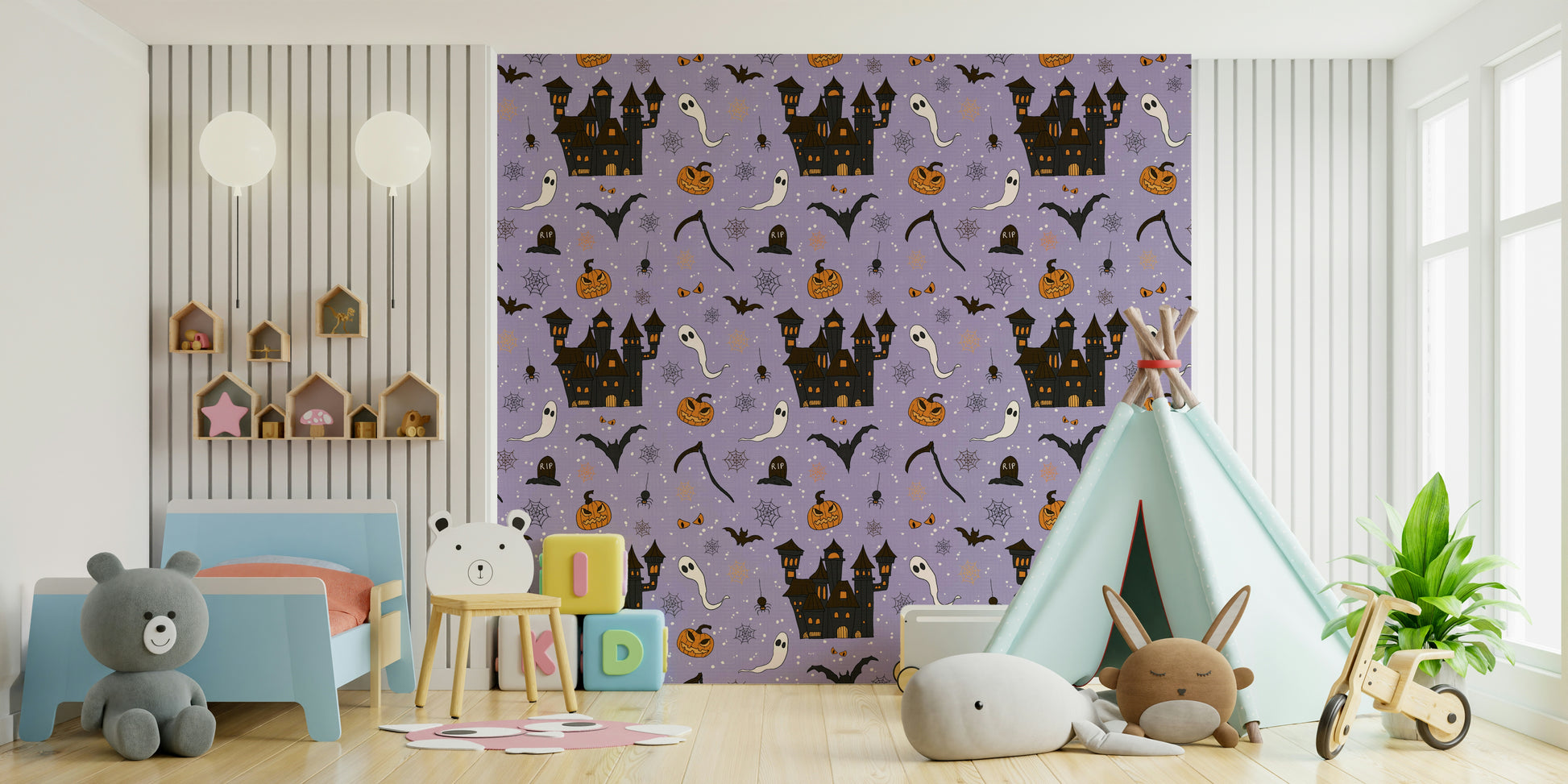 Phantom Castle Foggy Lavender haunted wallpaper for walls



