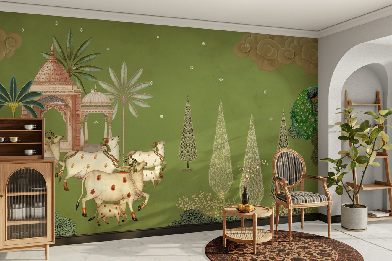Pichwai Darshan Wall Mural with cows.

