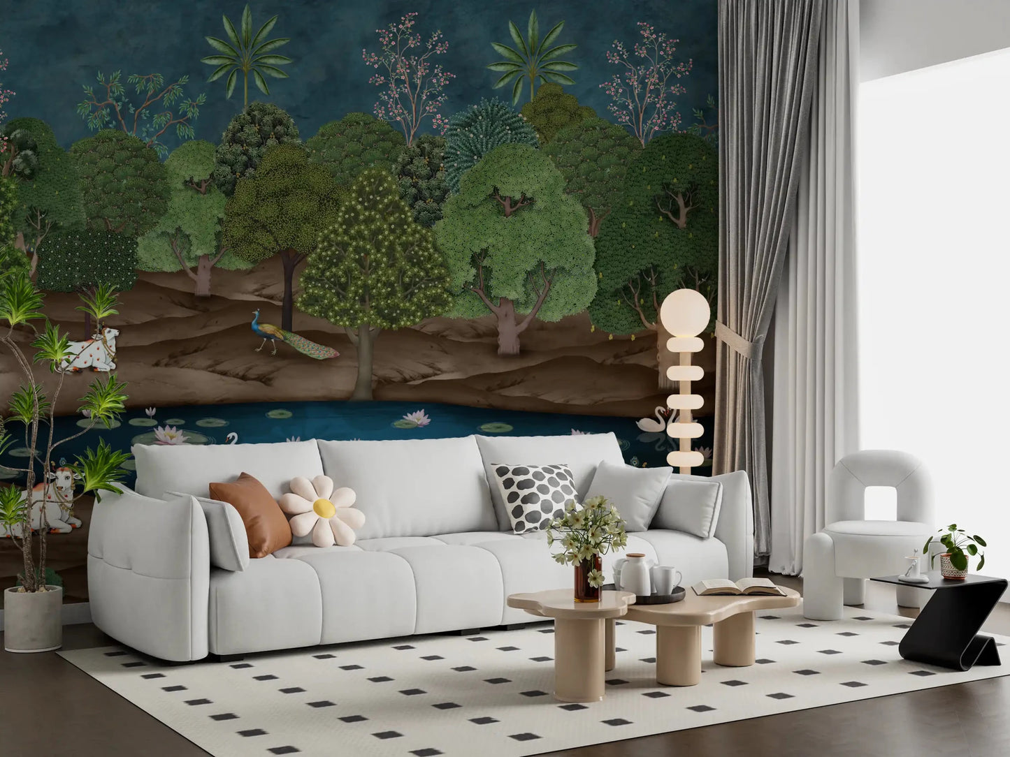 Green trees and brown earth tones define this Pichwai Forest mural, GD8969