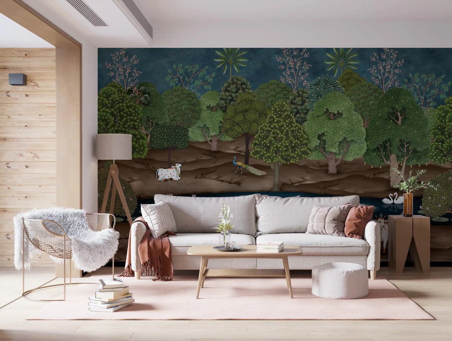 Hallway styled with Pichwai wall mural trees, swans, and peacocks, GD8969