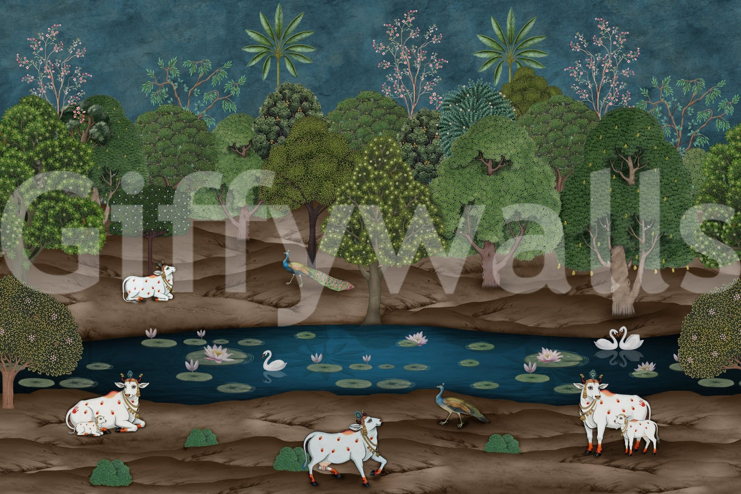 Indian nature scene with swans, lotus leaves, and Pichwai wall mural style, GD8969