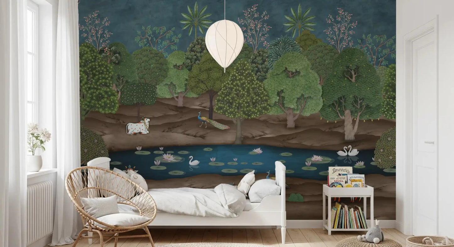 Lotus flowers, white cows, and peacocks enrich this forest wall mural, GD8969