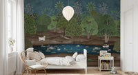 Lotus flowers, white cows, and peacocks enrich this forest wall mural, GD8969