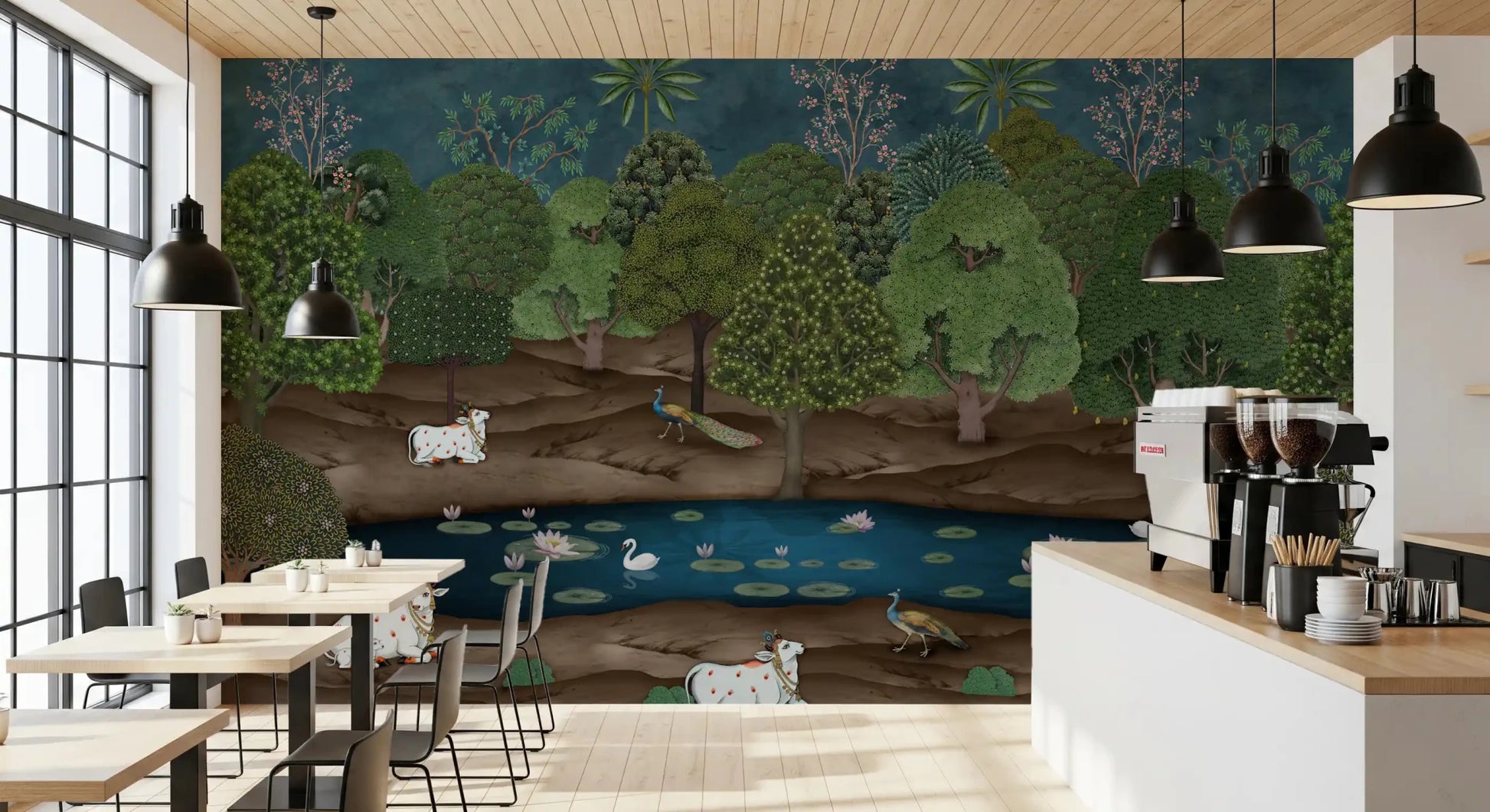 Deep blue backdrop frames sacred cow art in this Divine Grace mural, GD8969