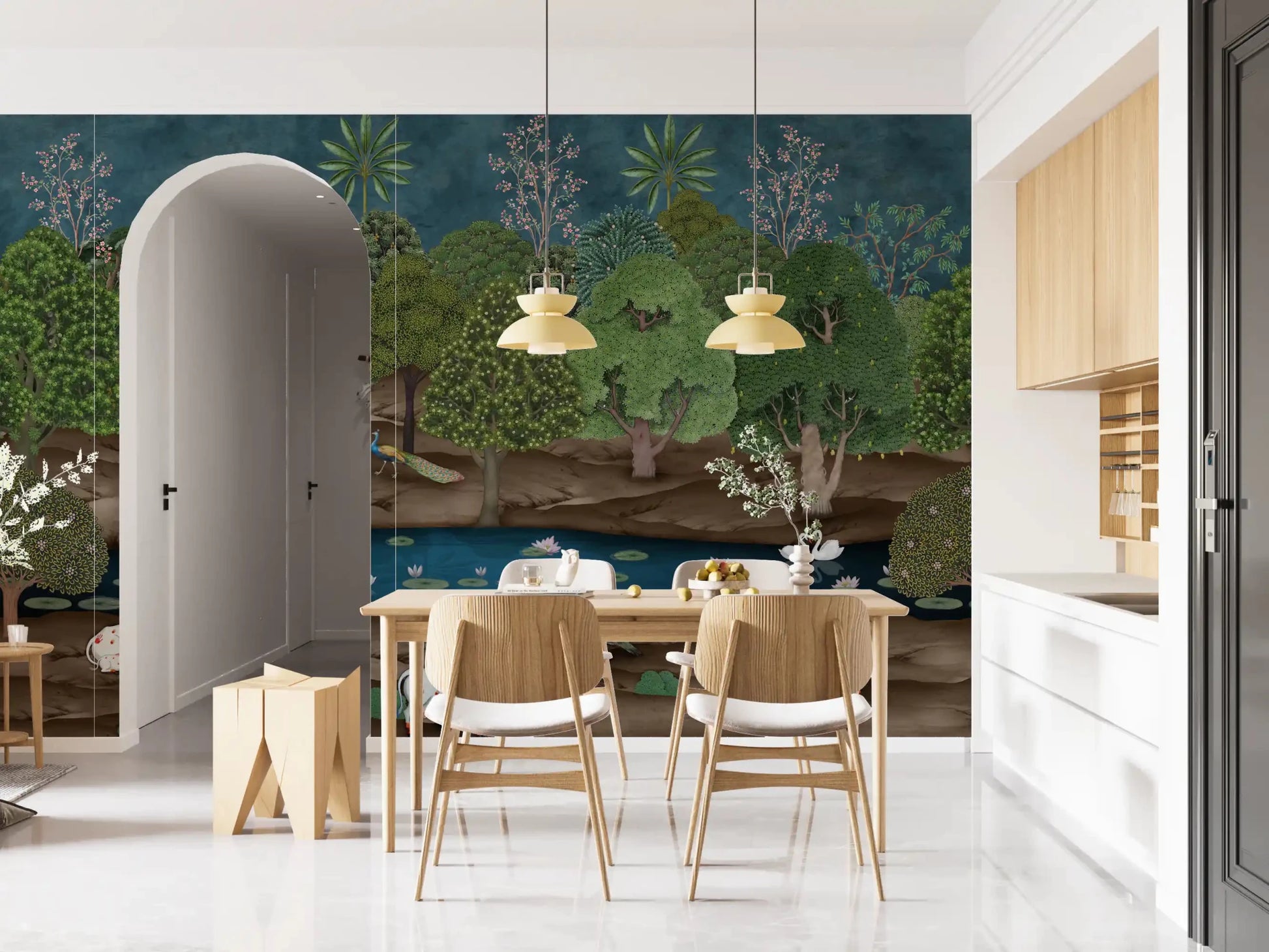 Dining room wall shows forest greenery with Pichwai Divine Grace details, GD8969