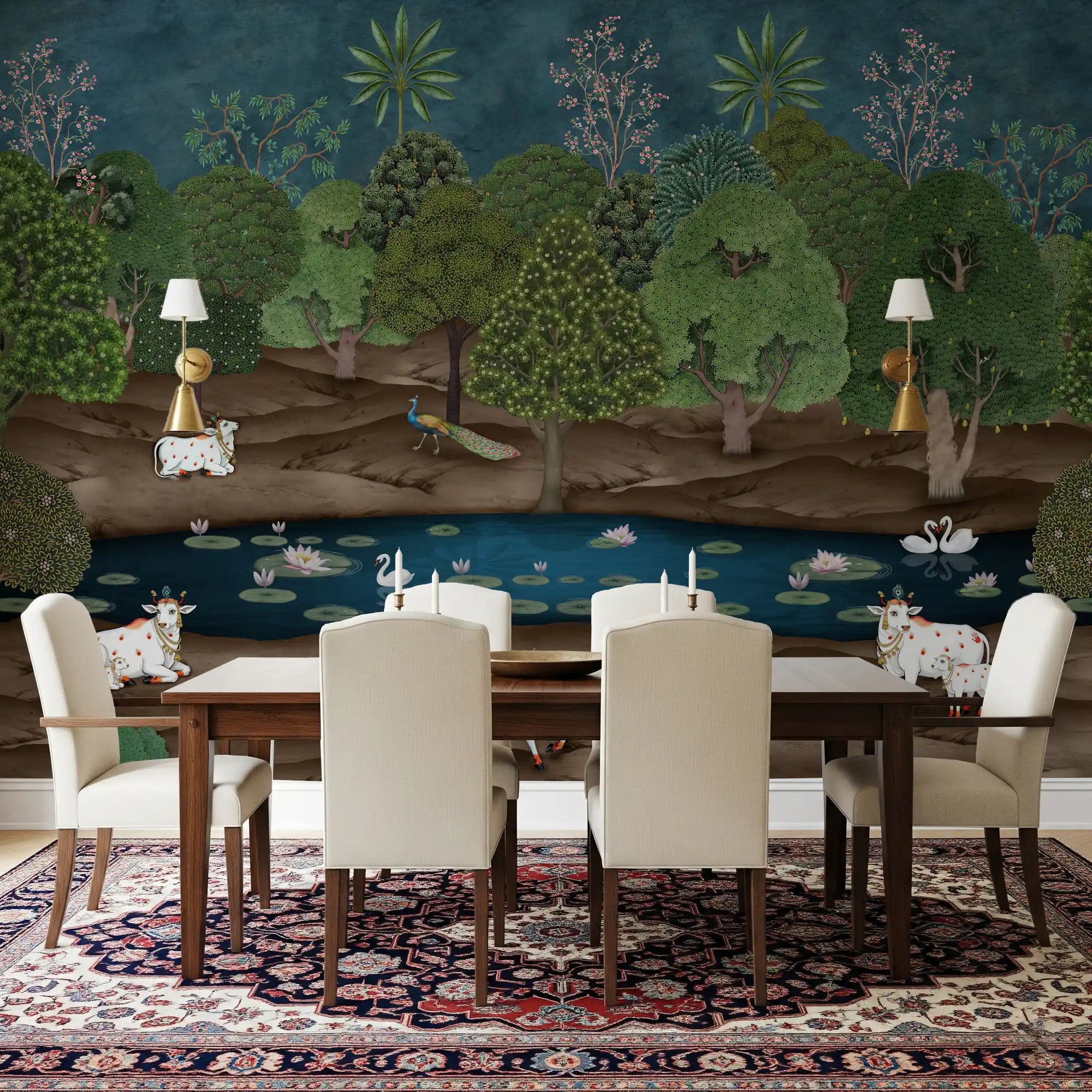 Dining room scene with lotus pond and Pichwai Forest wall mural artwork, GD8969