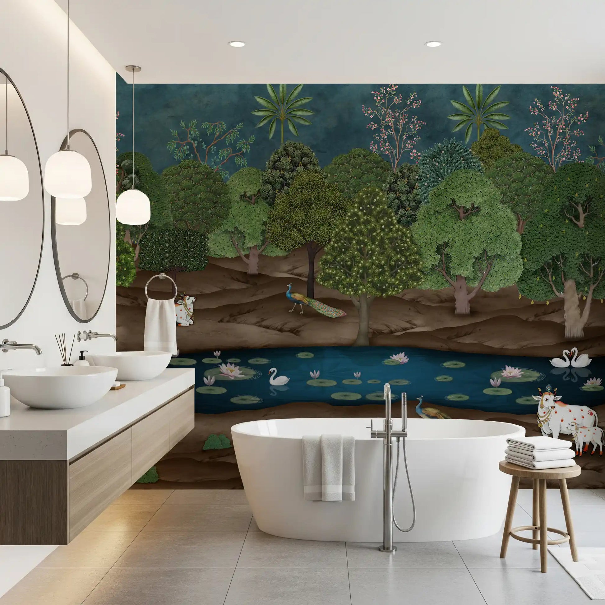 Pichwai nature wall mural with lotus pond, swans, and peacock accents, GD8969