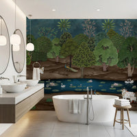 Pichwai nature wall mural with lotus pond, swans, and peacock accents, GD8969