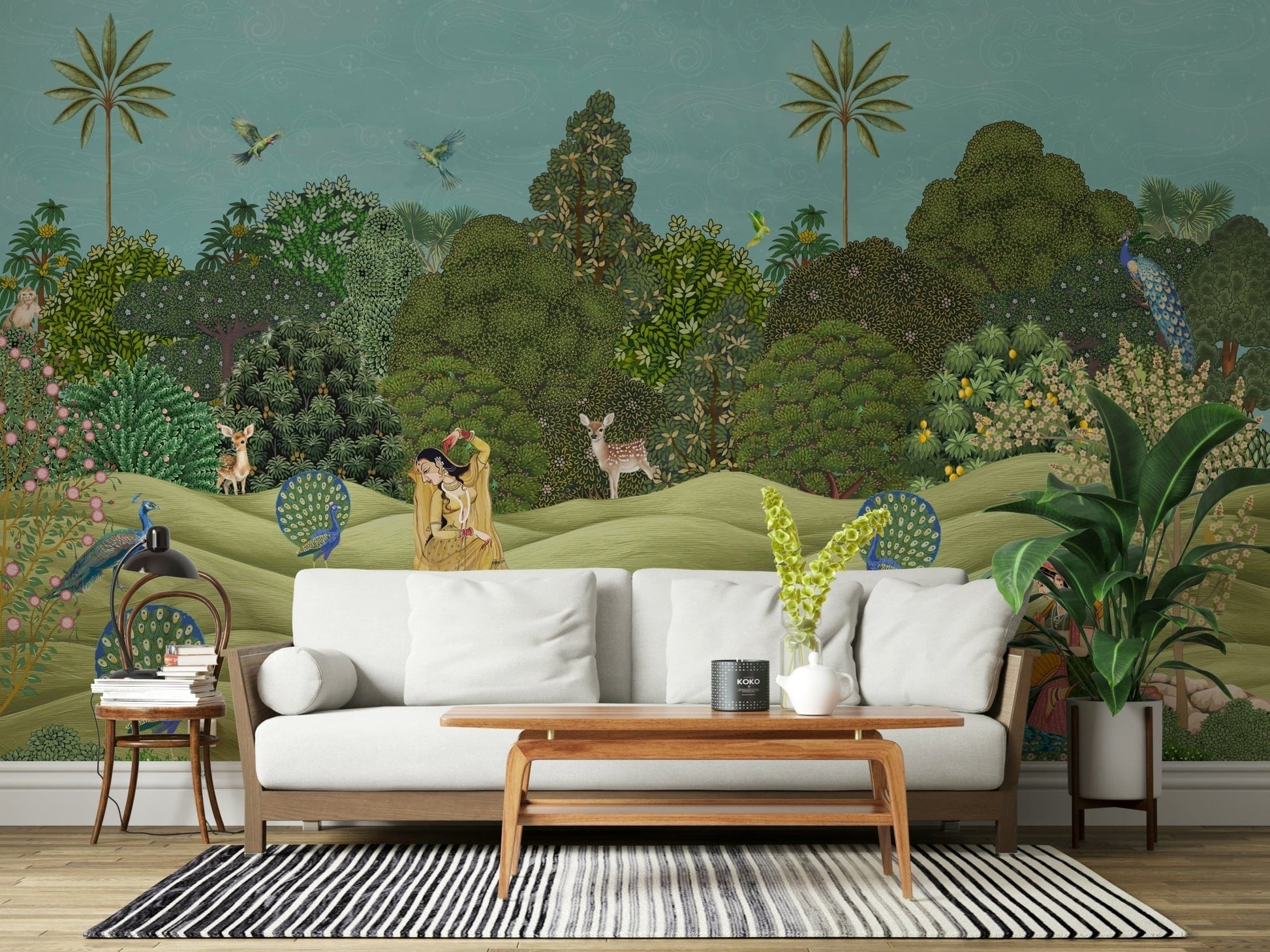 Pichwai Palms mural wallpaper used as a feature wall in a modern apartment living area