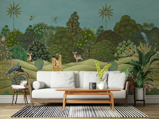 Pichwai Palms mural wallpaper used as a feature wall in a modern apartment living area, GD7529